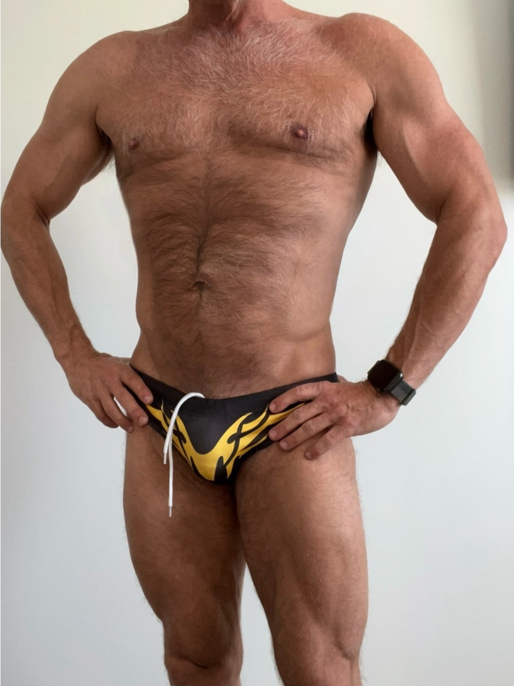 Men's Black and Yellow Performance Swim Brief, pack up style, drawstring, large